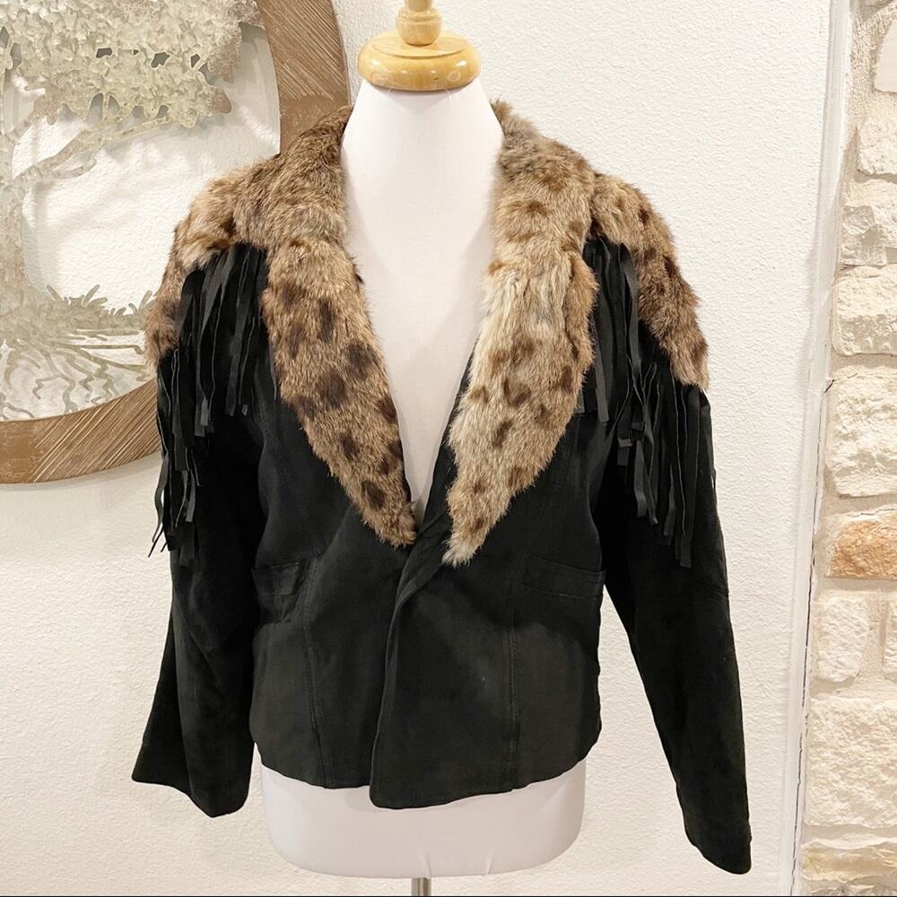 Vintage Polo Norte Black Suede Leather Fur Fringed Jacket 14